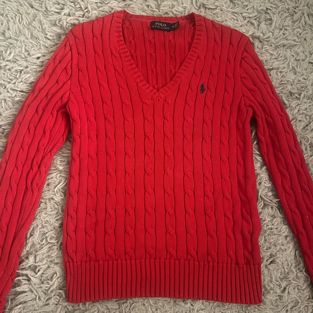 Ralph Lauren Red Cable-Knit V-Neck Sweater